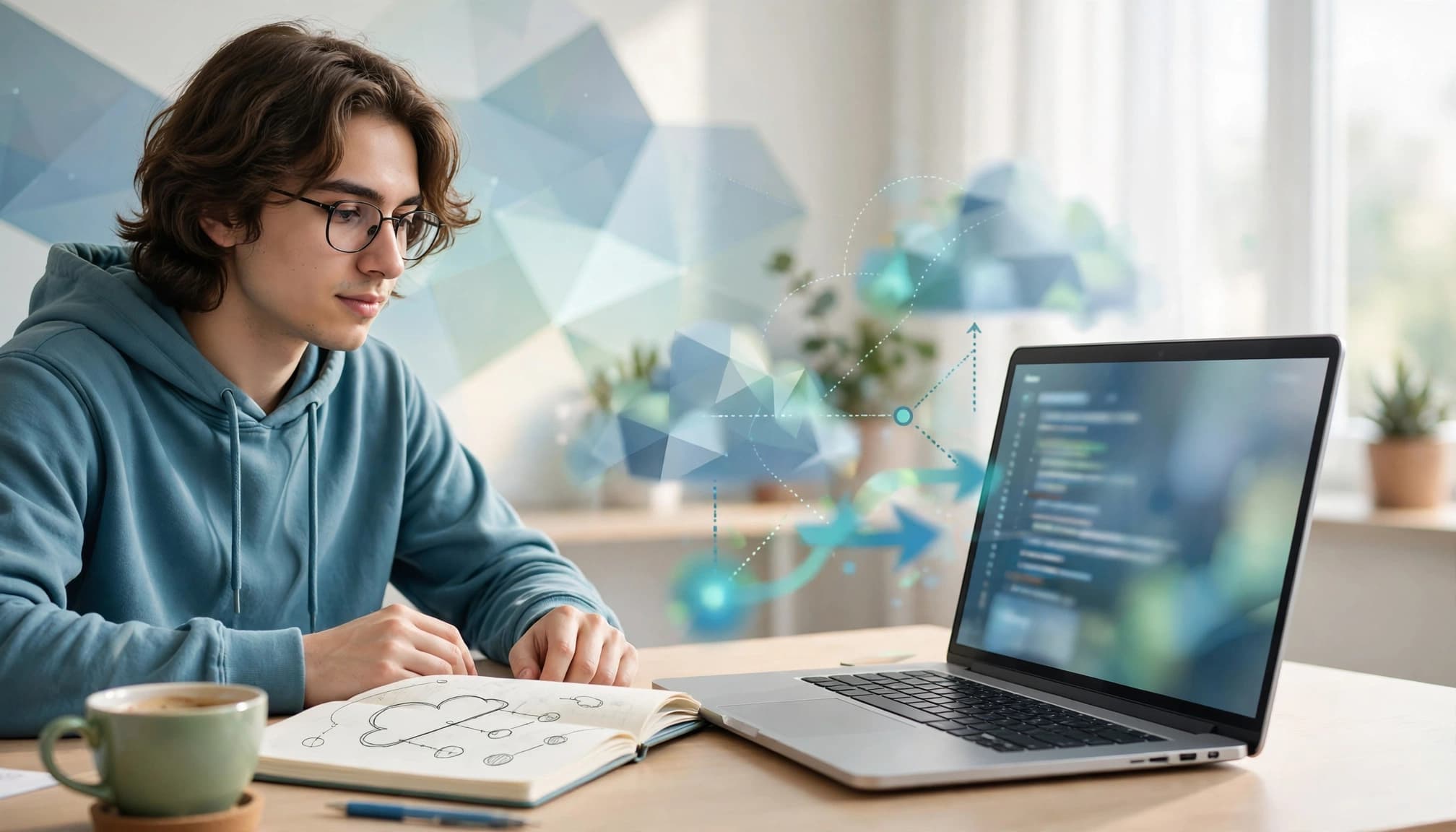Beginner developer using a laptop beside a coffee cup and notebook.
