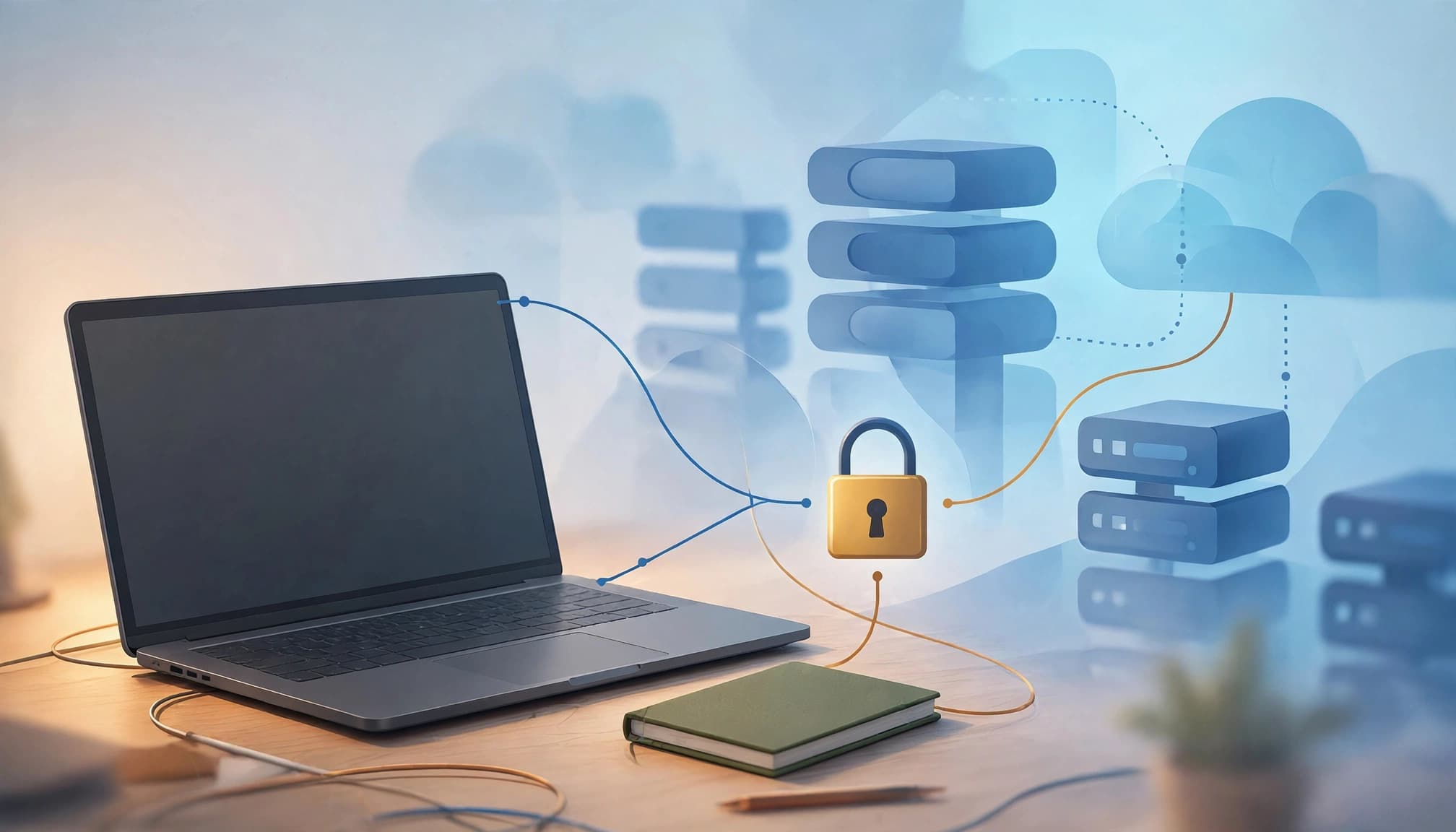 A laptop and notebook beside a lock icon with colorful connection lines.